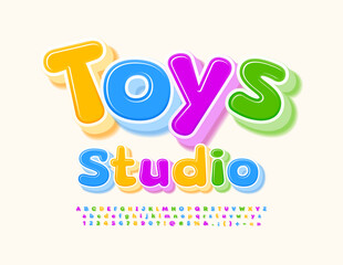 Vector playful emblem Toys Studio. Colorful Kids Font. Funny Bright Alphabet Letters and Numbers