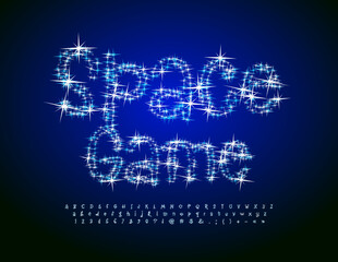 Vector bright banner Space Game. Modern Alphabet Letters and Numbers set. Fantasy Font  with Sparkling Stars. 