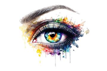 Colorful, painted human eye, close-up, female, isolated with transparent background.