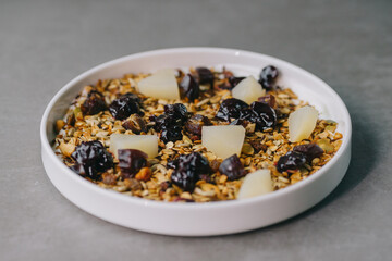 Delicious muesli on a plate in a restaurant.