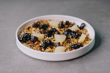 Delicious muesli on a plate in a restaurant.