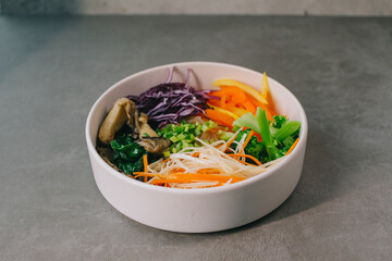 Poke bowl with vegetables, rice and mushrooms.