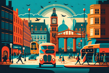 A colorful and energetic illustration of London's iconic landmarks and bustling streets, capturing the city's unique history, culture, and diverse array of people. generative ai - obrazy, fototapety, plakaty