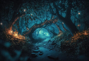 A Gloomy Fantasy Forest at Night: An AI-Generated Render of an Enchanted, Glowing, and Hauntingly Eerie Fairytale Land