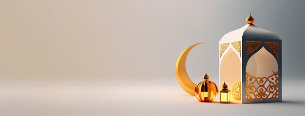  Islamic background, Gift box, lantern, a gold crescent moon on white, copy space text area. Generative AI.