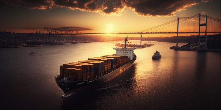Container Ship at Sunset in Golden Horn Bay, Istanbul. Generative AI.