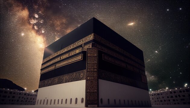 Kaaba in Mecca with night sky. Concept. Generative AI.