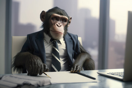 Monkey wearing suit in office , Businessman monkey sitting at office , Generative Ai