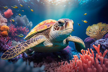 Sea turtle swimming in the under sea , Beautiful Underwater and colorfull coral in wild nature of the Pacific Ocean , Generate Ai - obrazy, fototapety, plakaty
