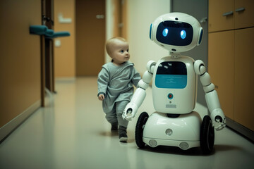 Future of care with robots in a hospital. Child walking in a hospital with a robot. Generative AI.