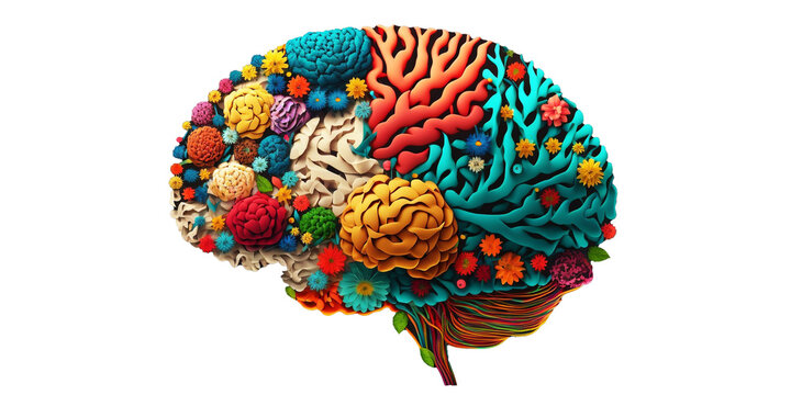 Colorful brain illustration using various plant flora to form the shape, isolated with transparent background.