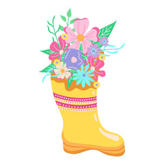 Hand drawn yellow boot with garden flowers flat style colored doodle. Isolated design element on white background. Graphic decorative illustration for greeting card, post, holiday, birthday, 