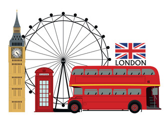 Fototapeta na wymiar London cultural icon recognized all over the world. Clock tower. Ferris wheel Vector. Red bus vector illustration. red phone box , vector illustration. British cultural icon throughout the world.