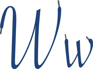 W letter. Blue Sport alphabet formed by shoe lace. Vector handwritten script font can be used for workout labels, race headlines, fitness posters, delivery cards. Alphabet fonts set.