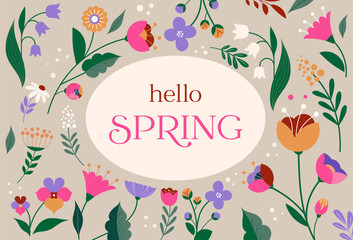 Hello spring, Summer time, Happy Easter, decorated modern style card, banner. Bunnies, flowers and basket. Colorful minimalist design