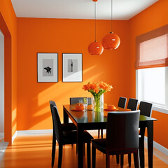 Modern dining room interior design with orange wall