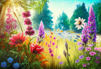 Fototapeta na wymiar A Colorful AI-Generated Spring Meadow of Wildflowers and Daisies