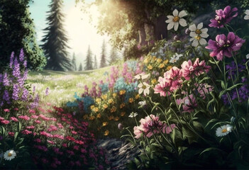 A Colorful AI-Generated Spring Meadow of Wildflowers and Daisies