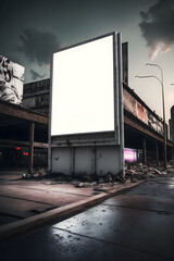 blank billboard mockup for advertisement in post apocalyptic city, Generative AI
