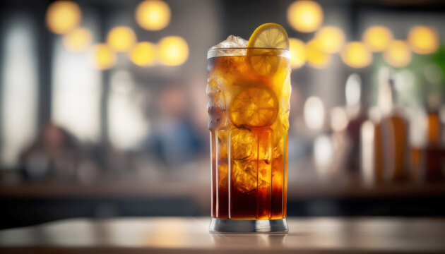Enjoy the ultimate cocktail experience with this refreshing Long Island Iced Tea drink in a glass. The bar atmosphere adds to the mood. Generative AI
