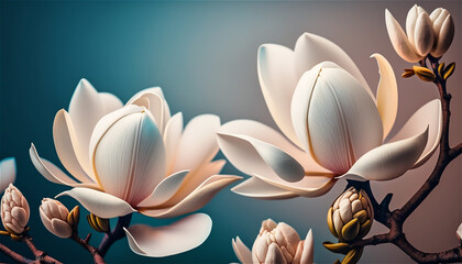 Magnolia flower branch on the blue gradient background. Soft focus floral backdrop. Generative AI.