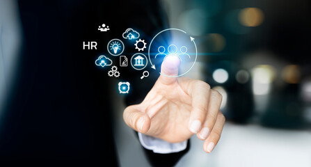 Businessman touch circle of network structure HR - Human resources. Business leadership concept. Management and recruitment. Social network. Different people.