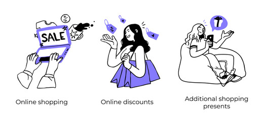 Online shopping and E-commerce concept set. Sale, orders, online payment, delivery, loyalty program. Visual stories collection