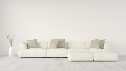 Empty living room wall mockup with white sofa with pillows on blank white interior background. Illustration, 3d rendering