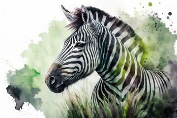Fototapeta na wymiar Watercolor painting of peaceful zebra with copy space for text. Beautiful artistic animal portrait made with generative AI. 