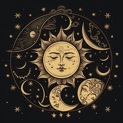 Vintage mystical illustration of the sun and stars. Black background. Generative AI