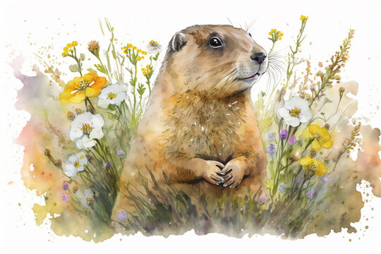 Watercolor painting of cute groundhog in a colorful flower field. Ideal for art print, greeting card, springtime concepts etc. Made with generative AI.
