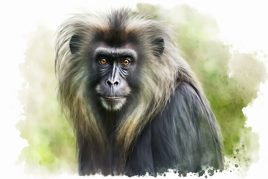 Watercolor painting of lion-tailed macaque with copy space for text. Beautiful artistic animal portrait for poster, wallpaper, art print. Made with generative AI.