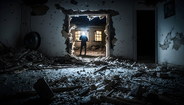 abandoned house in the dark and a man looking into it