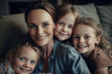 Caucasian mom portrait with her daughters relaxing at home. Happy mothers day. Generative AI illustration
