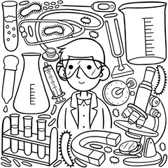 a line art drawing of a scientist with various items including a science equipment.