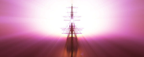 old ship sunset at sea 3d rendering