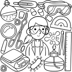 a line art drawing of a scientist with various items including a science equipment.