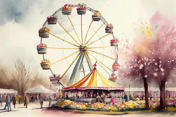 Papier Peint photo autocollant Parc dattractions Ferris wheel in the park during spring season. AI Generative Art