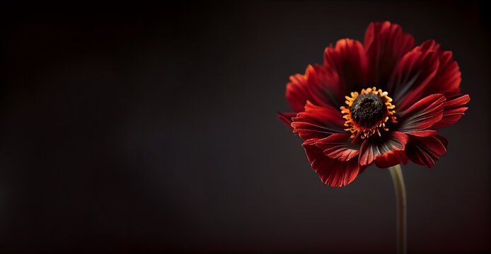 Dark red anemon flower in black background generative ai