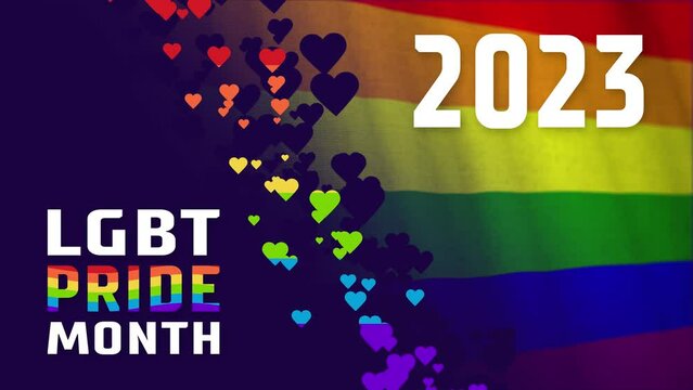 Vector animated LGBT pride month 2023 concept. Rainbow LGBTQ freedom flag with isolated hearts. Annual summer gay parade. Banner on LGBTQ+ theme.