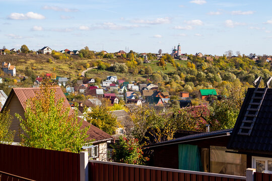 Rural buildings in a relief area. Rusinovo, Borovsky district, Kaluzhskiy region, Russia