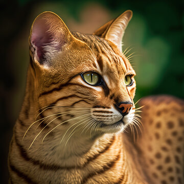Ravishing hyper realistic portrait of happy cheetoh cat in natural outdoor lush with flower in background as concept of modern domestic pet by Generative AI.