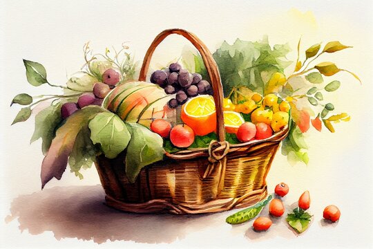 A watercolor painting of a basket full of fresh fruits and vegetables, watercolour style generative AI