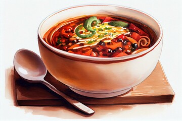 A watercolor painting of a bowl of chili, watercolour style generative AI - obrazy, fototapety, plakaty