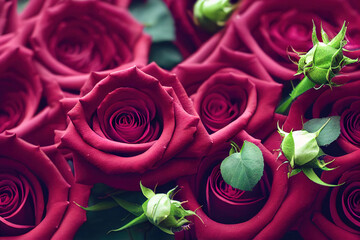 Closeup macro blossom vivid red color rose bouquets with ravishing realistic detail. Beautiful floral scenery and flower background for beauty perfume product by Generative AI.