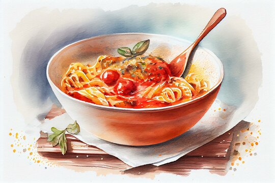 A watercolor painting of a bowl of spaghetti, watercolour style generative AI