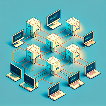 Blockchain illustrated, computers connected in isometric style, blue background AI generative