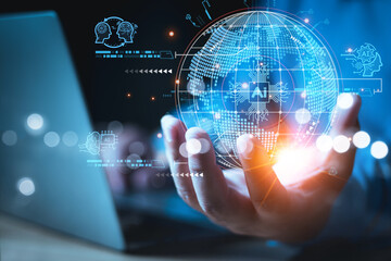Hand holding virtual Global Internet connection with A.I. Artificial Intelligence. Business global internet connection application technology, Digital link tech, big data. Future concept.