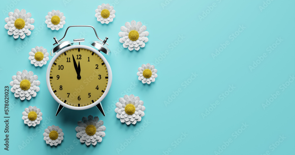 Poster alarm clock surrounded by flowers. transitional change of summer time, daylight saving.