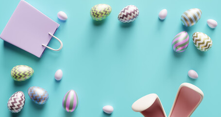 Easter shopping concept, sale .Blue pastel background frame copy space